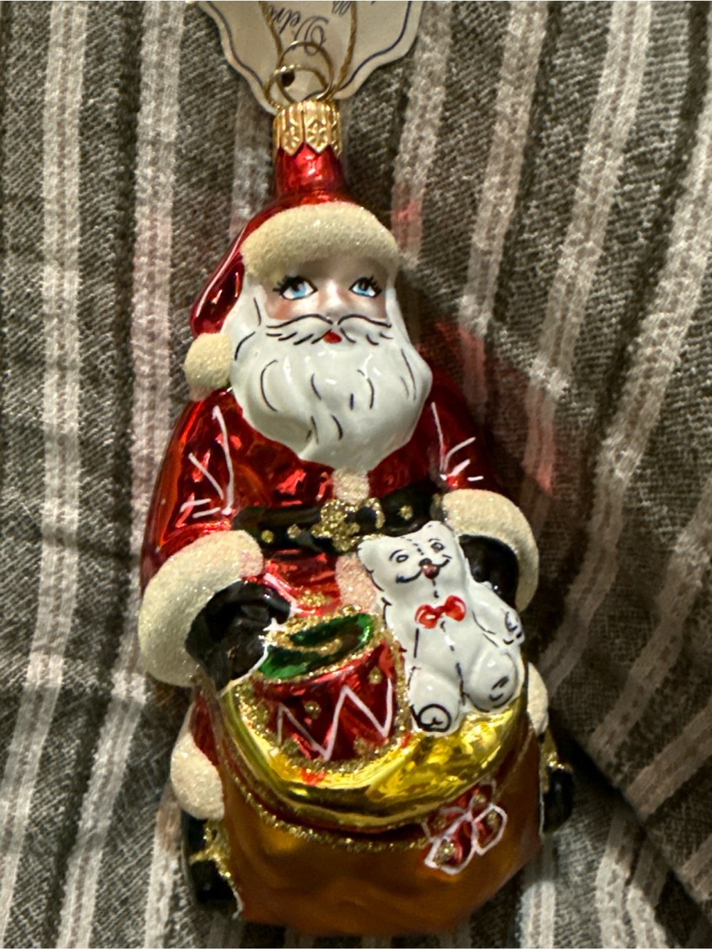 Radko Blown Glass Hand Made Santa Ornament W/ Bag of Toy Teddy Made in Italy VTG